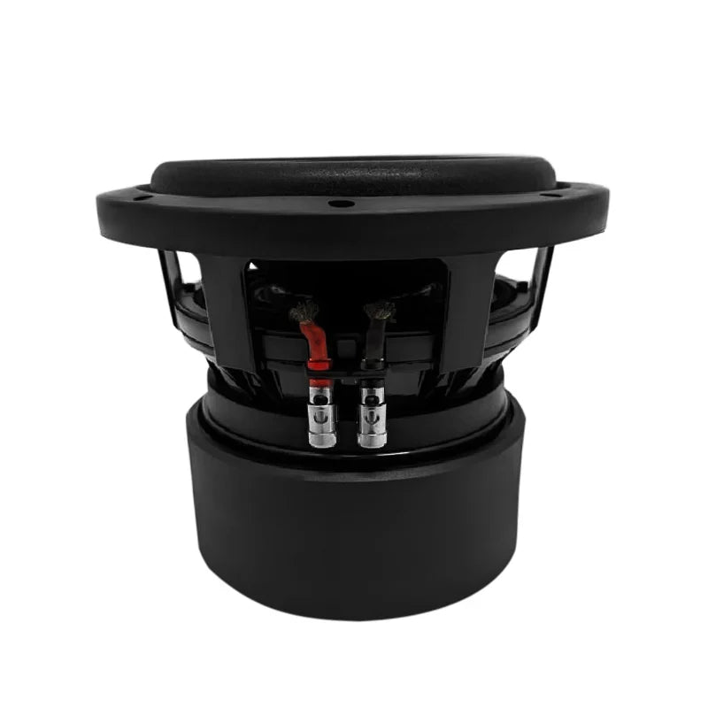 8-inch subwoofer driver rear view with mounting hardware and dual wire terminals