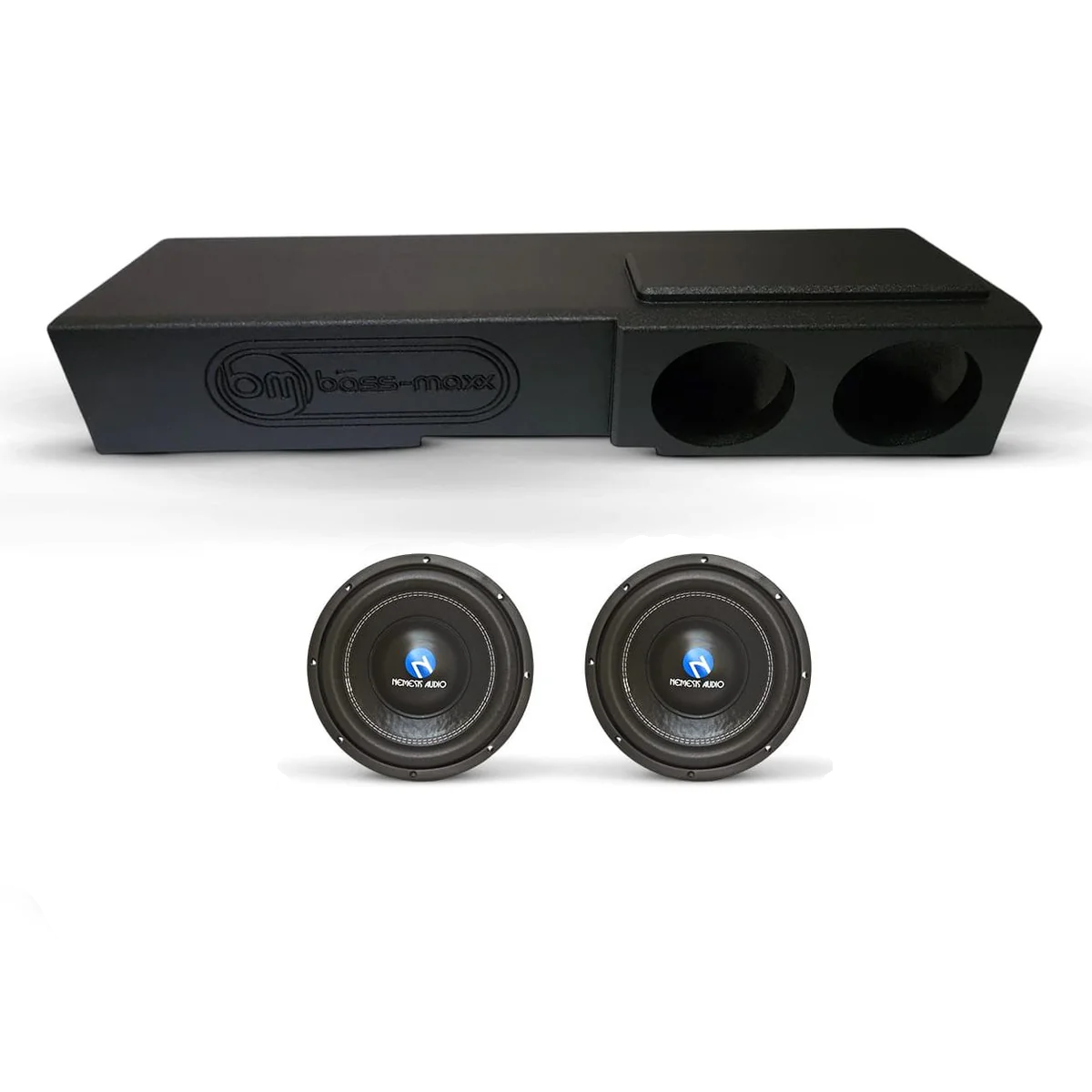 Black dual subwoofer enclosure with two circular speaker openings on top