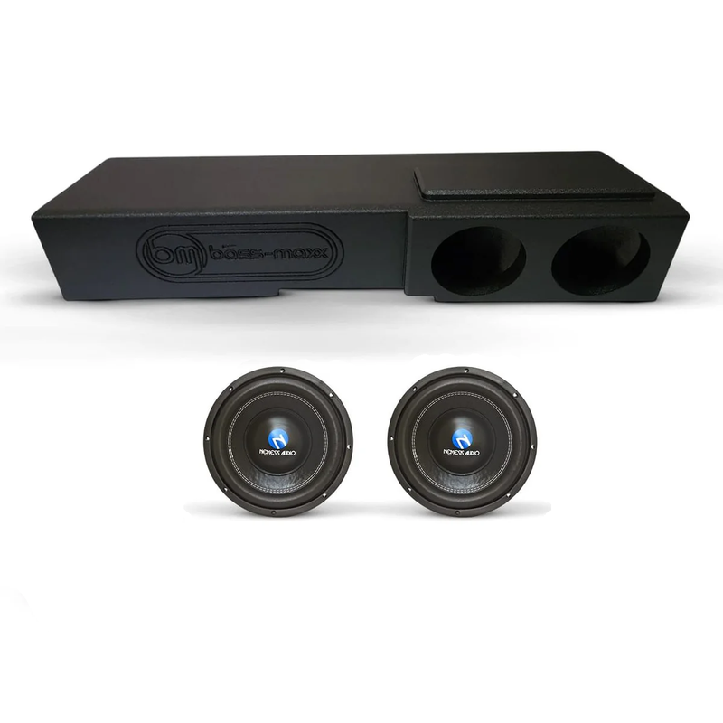Black dual subwoofer enclosure with two circular speaker openings on top