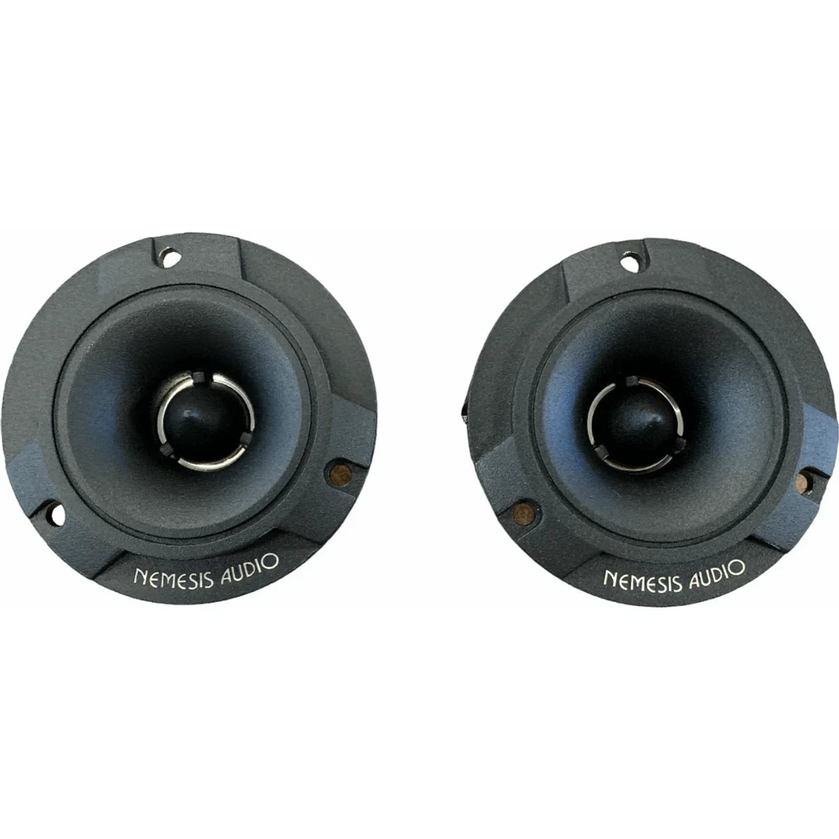 Pair of Nemesis Audio tweeters with black domes and round gray mounting plates