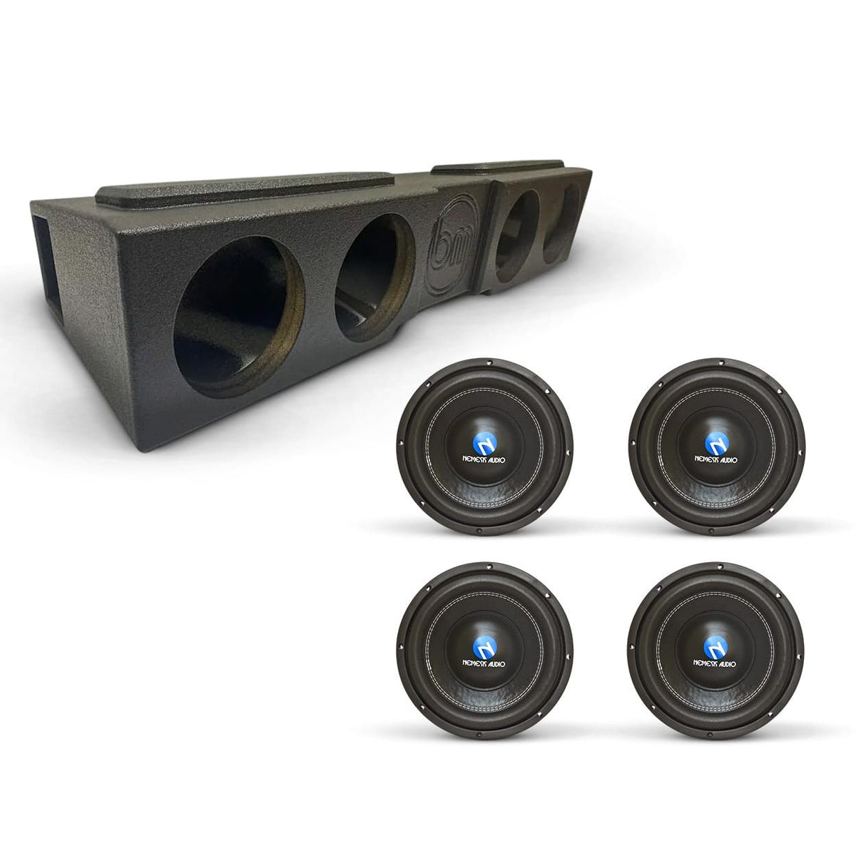 Quad 8-inch subwoofer bass combo with matte black enclosure and four speakers