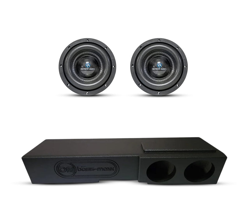 Dual 8-inch car subwoofer combo with black enclosure and two front speaker drivers