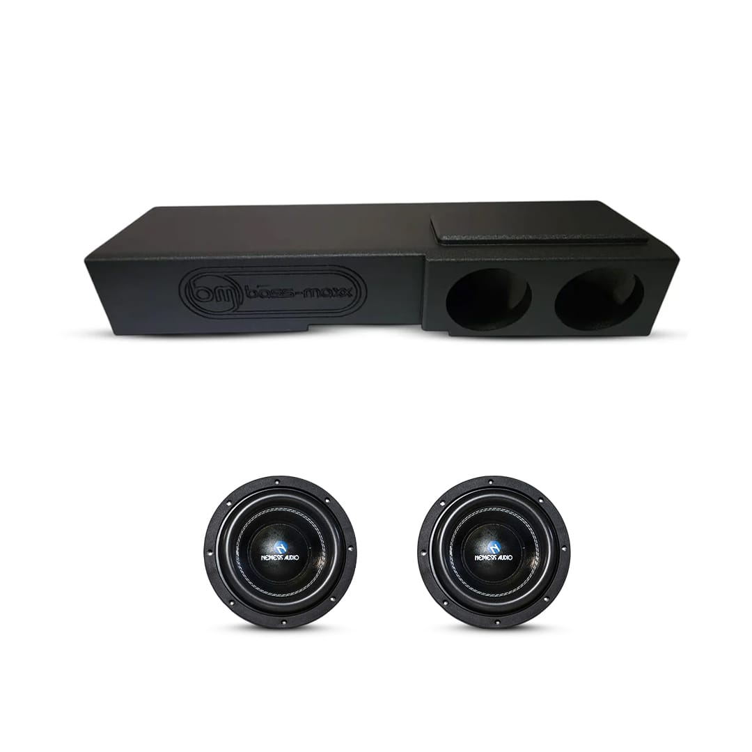Dual 8-inch subwoofer box with two black subwoofers and twin front speaker cutouts