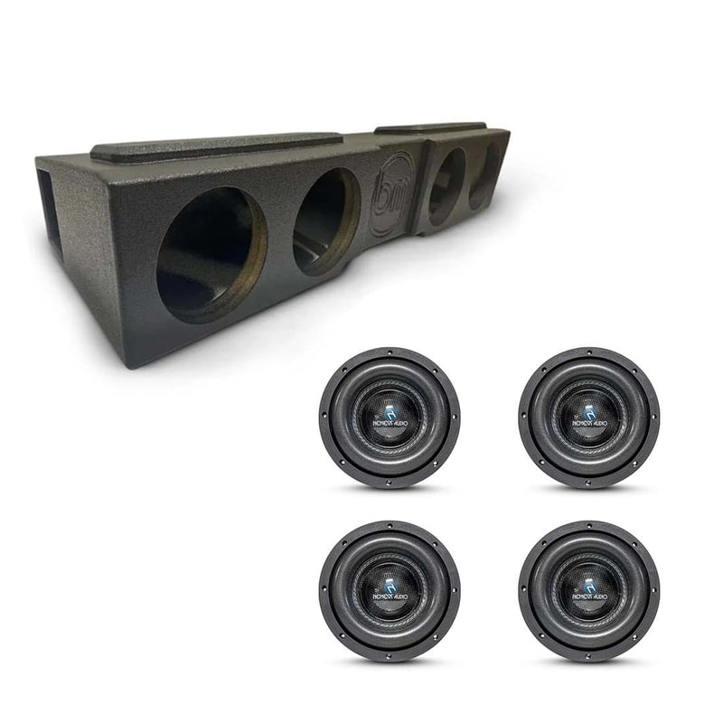 Quad subwoofer enclosure with four black woofers and mounting cutouts