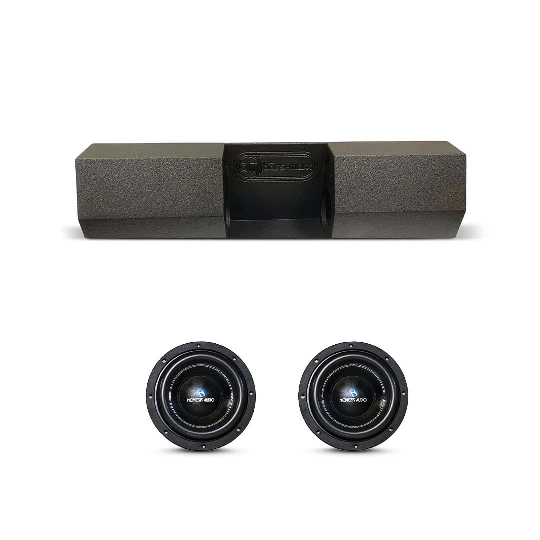 Nemesis Audio dual 8-inch subwoofer box combo with two drivers and front badge