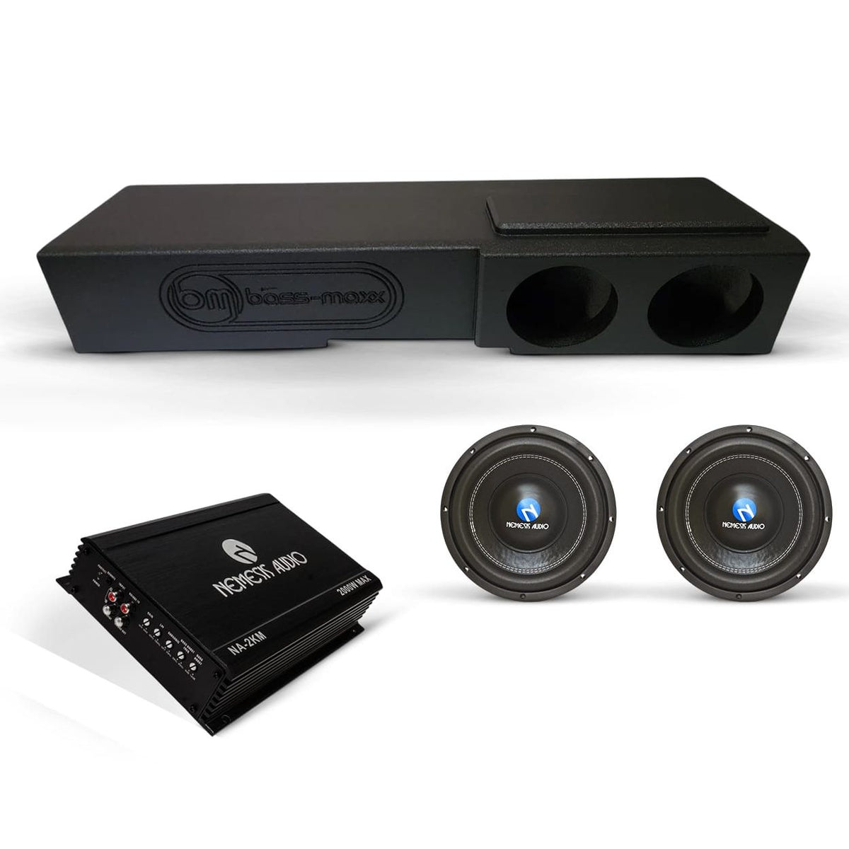 Car audio subwoofer enclosure with two round speaker ports, black matte finish
