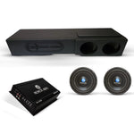 Car audio subwoofer enclosure with two round speaker ports, black matte finish