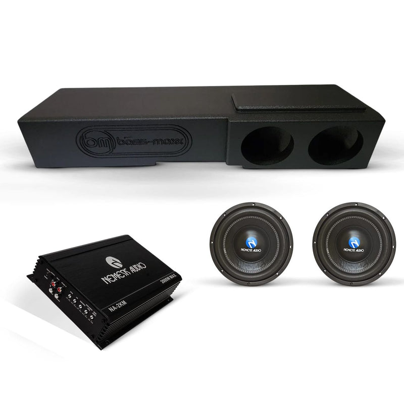 Car audio subwoofer enclosure with two round speaker ports, black matte finish