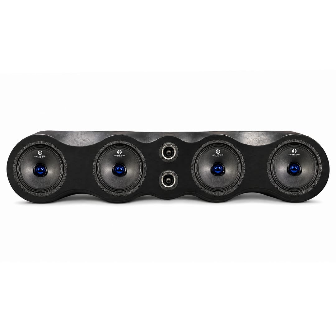 Five-driver speaker bundle with blue center cones on a black wavy panel