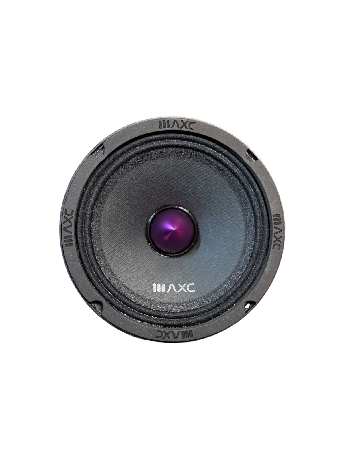 6.5-inch black midrange speaker driver with purple dome and mounting screws