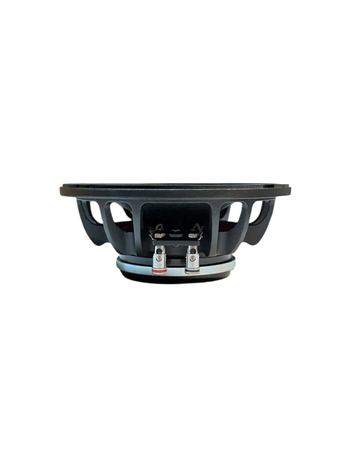 6.5-inch midrange speaker back view with wiring terminals and mounting frame