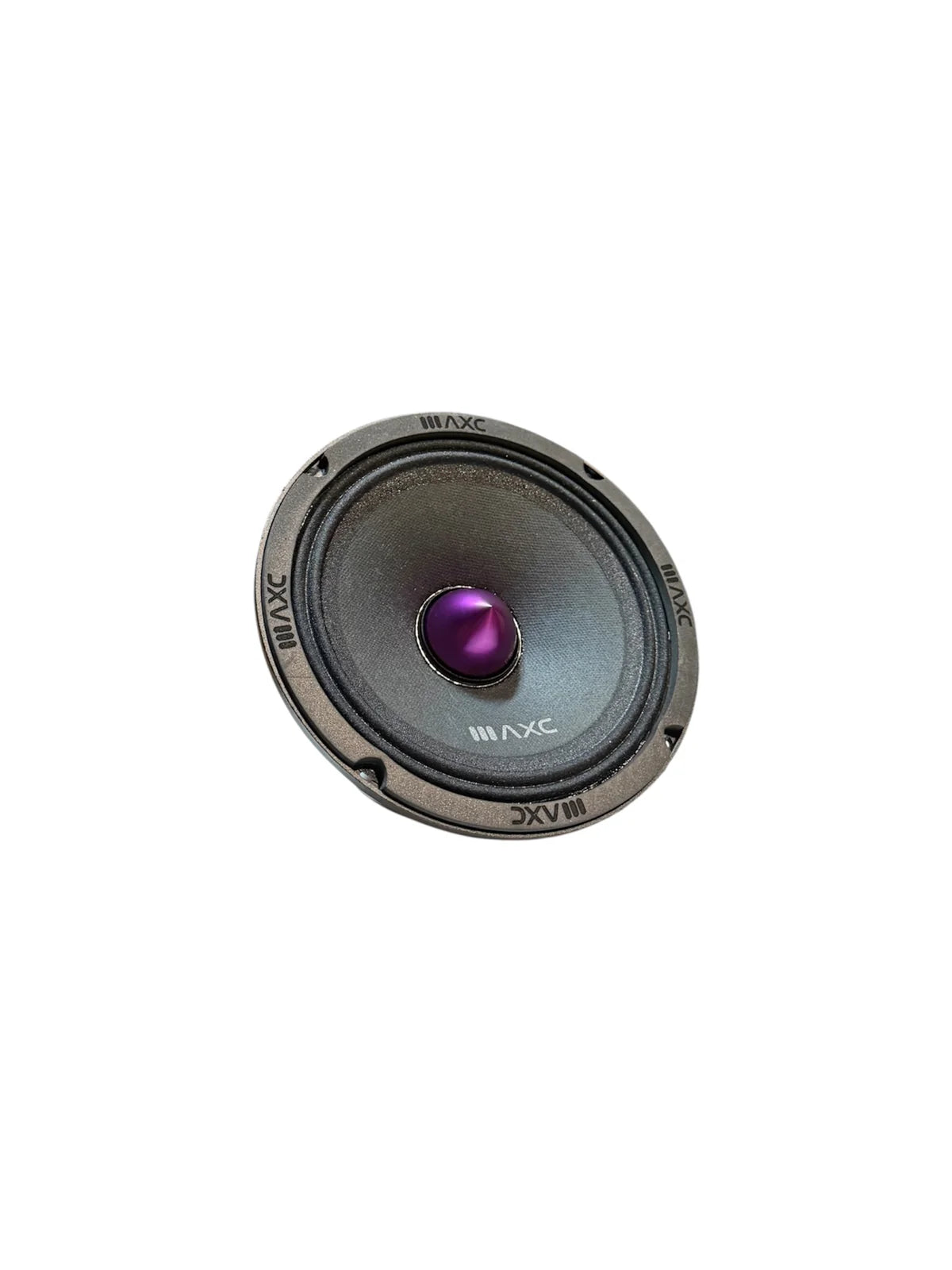 6.5-inch black midrange speaker with purple center dome and textured cone