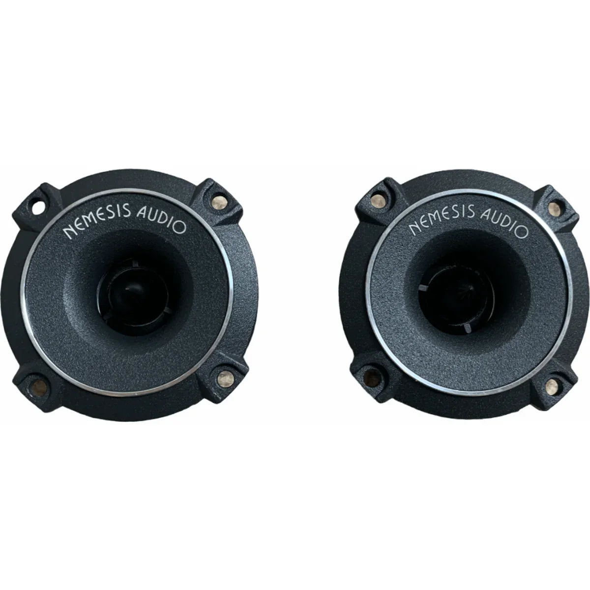 Pair of round speakers with dark cones and metal mounting holes