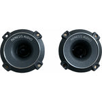 Pair of round speakers with dark cones and metal mounting holes