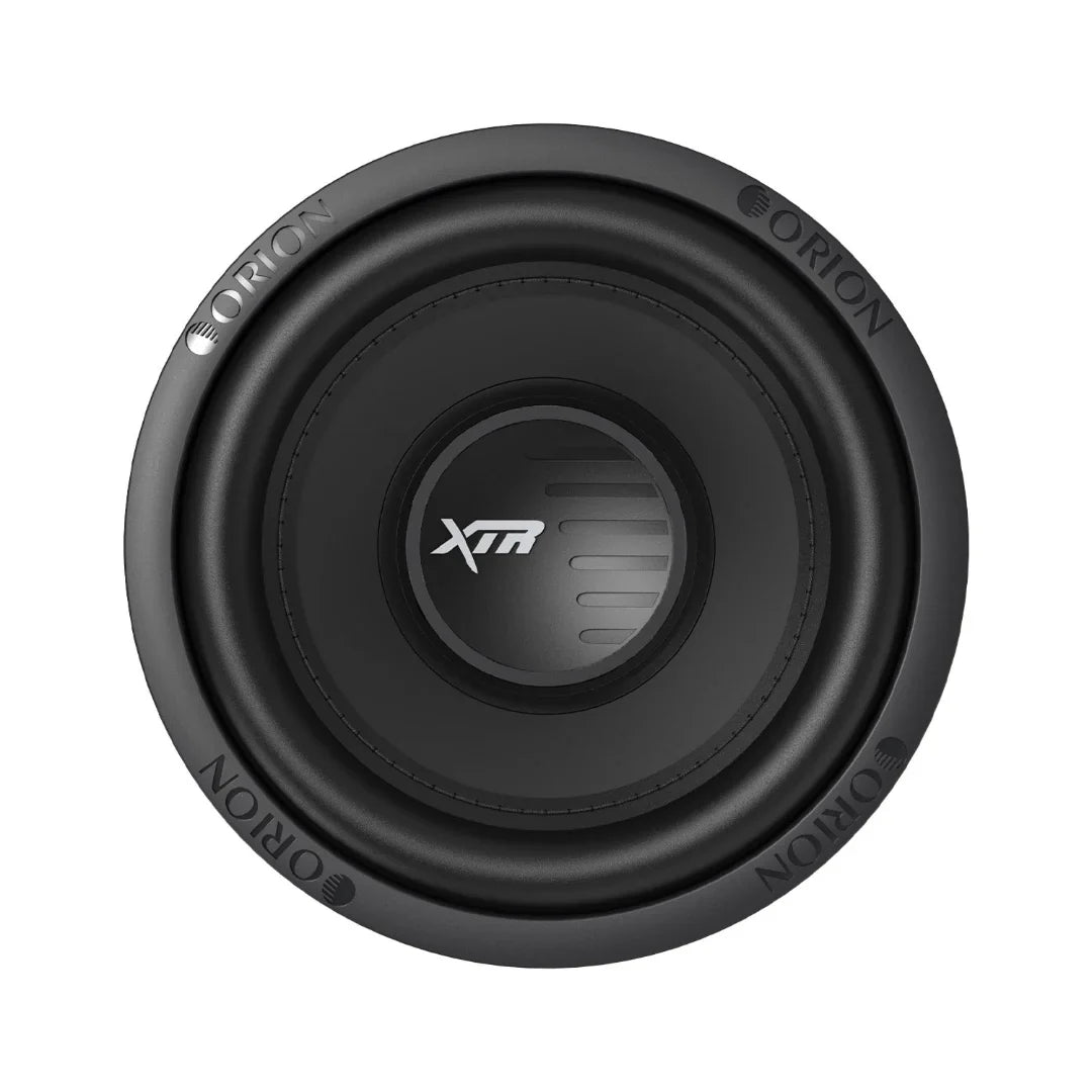 8-inch Orion subwoofer with black cone and XTR logo, circular grille design