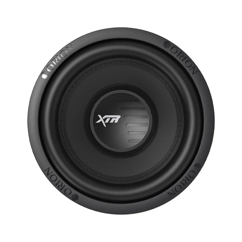 8-inch Orion subwoofer with black cone and XTR logo, circular grille design