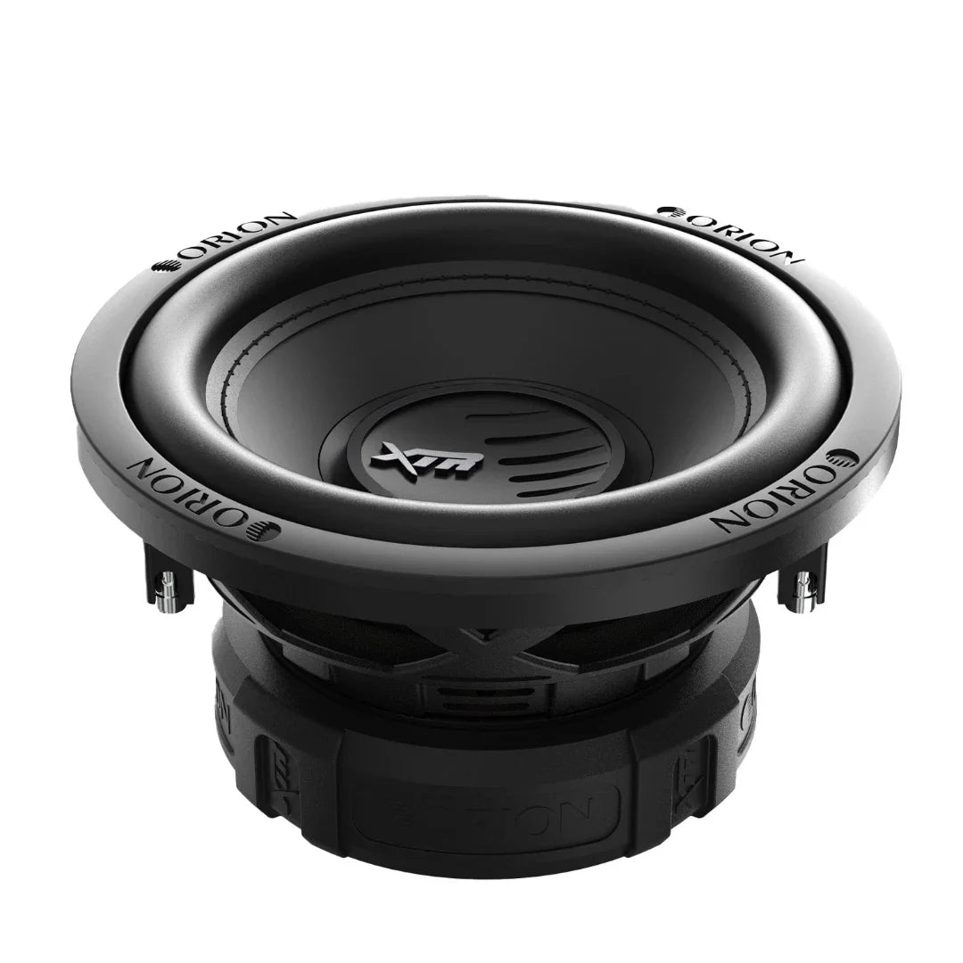 8-inch Orion subwoofer top view, black cone with XTR center cap and vented surround
