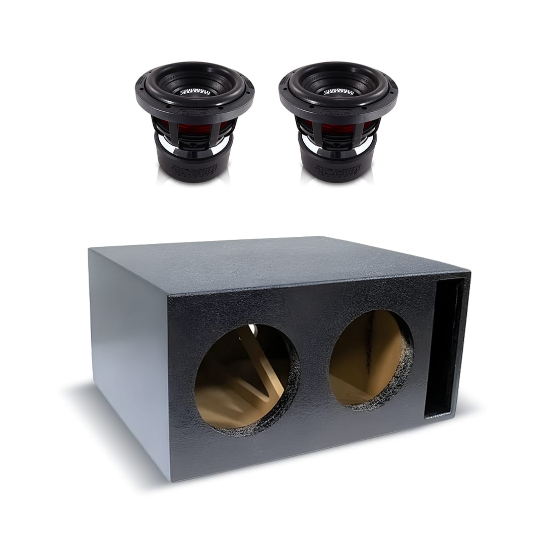 Dual 8-inch ported subwoofer box combo with two black subwoofer drivers