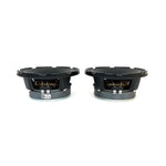 Pair of black car speaker drivers with rear mounting plate and terminals