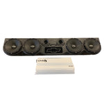 Car audio speaker kit with black woofers, Pride logo, and white amplifier module