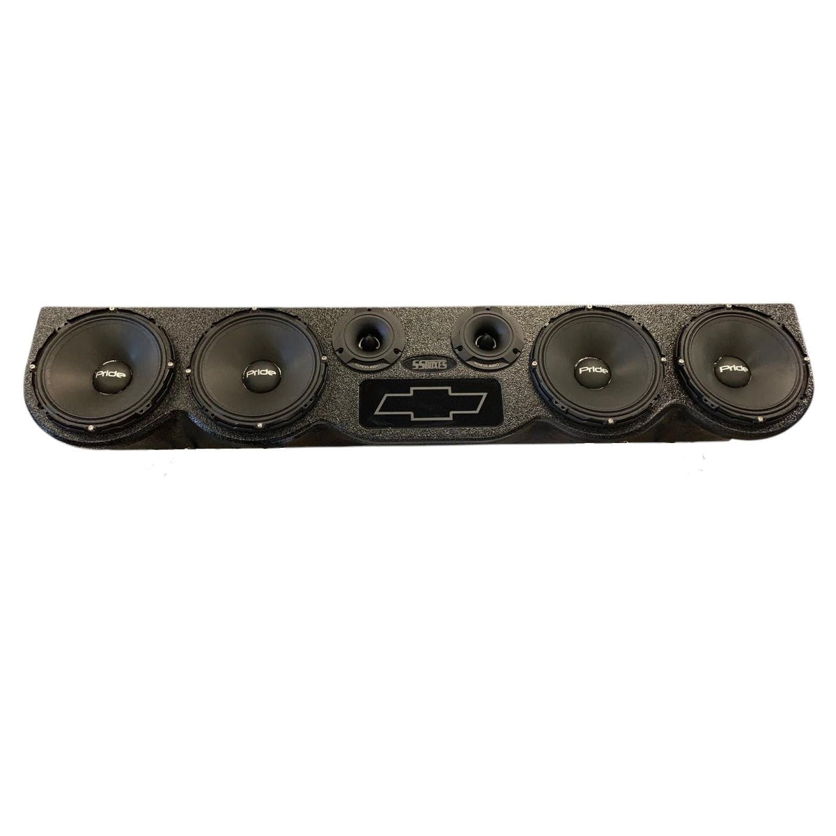 Car audio speaker system with five round woofers and center logo panel