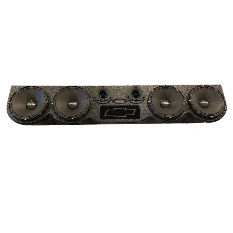 Car audio speaker system with five round woofers and center logo panel