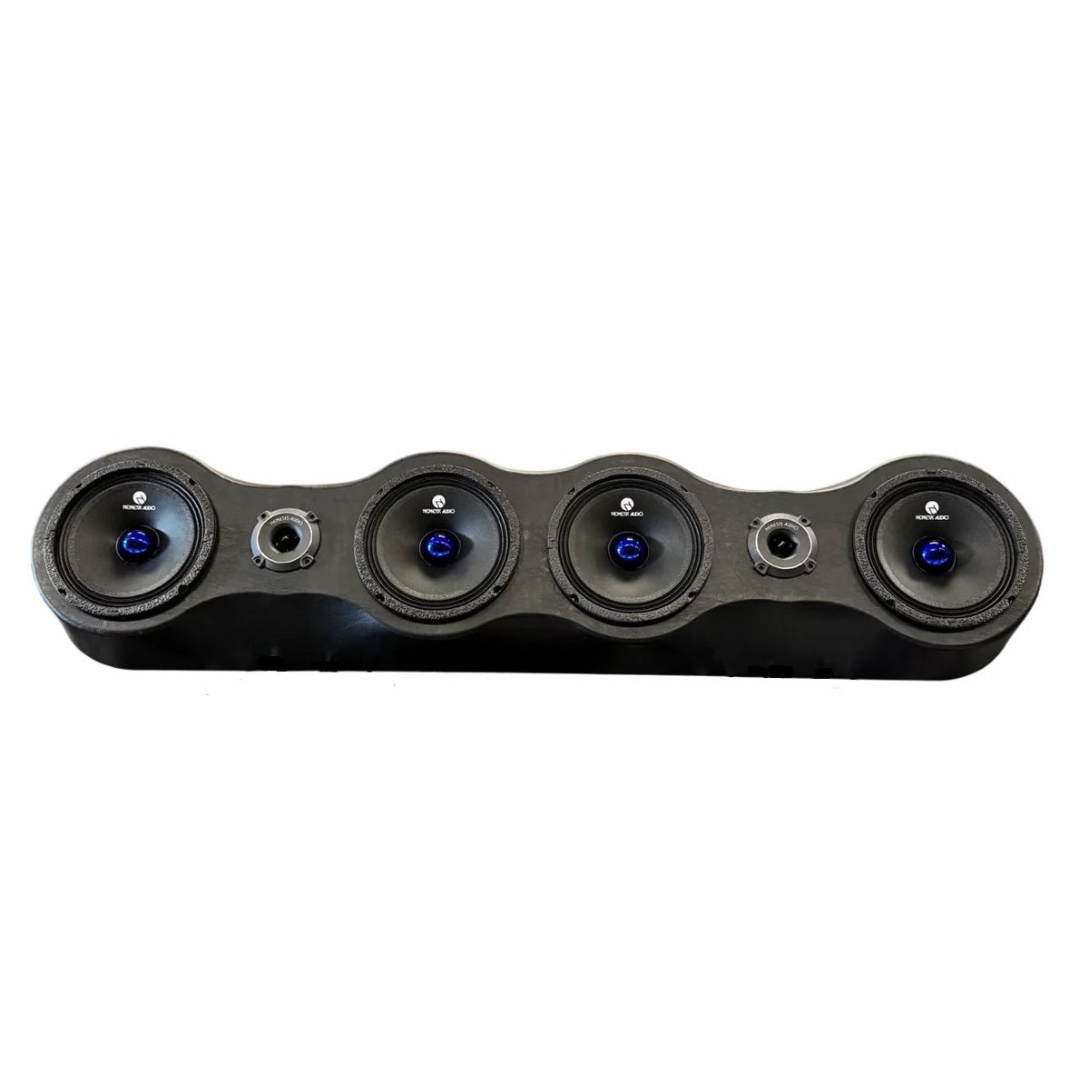 Car audio speaker module bundle with five round drivers on a dark base