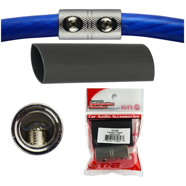 Audiopipe 0-gauge coupler with black sleeve and textured metal dual connector