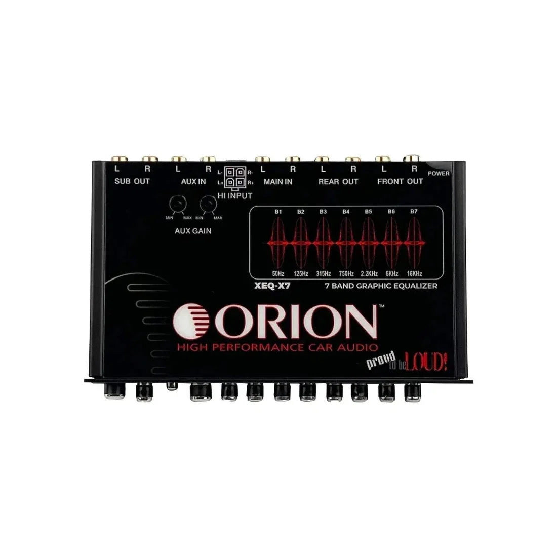 Car audio 7-band graphic equalizer front panel with labeled controls and meter LEDs
