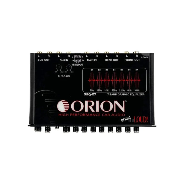 Car audio 7-band graphic equalizer front panel with labeled controls and meter LEDs
