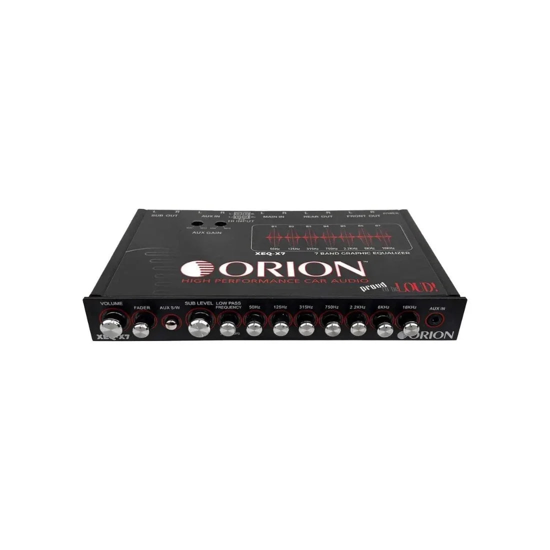 Car audio 7-band graphic equalizer front view with Orion logo and red level meter