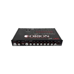 Car audio 7-band graphic equalizer front view with Orion logo and red level meter