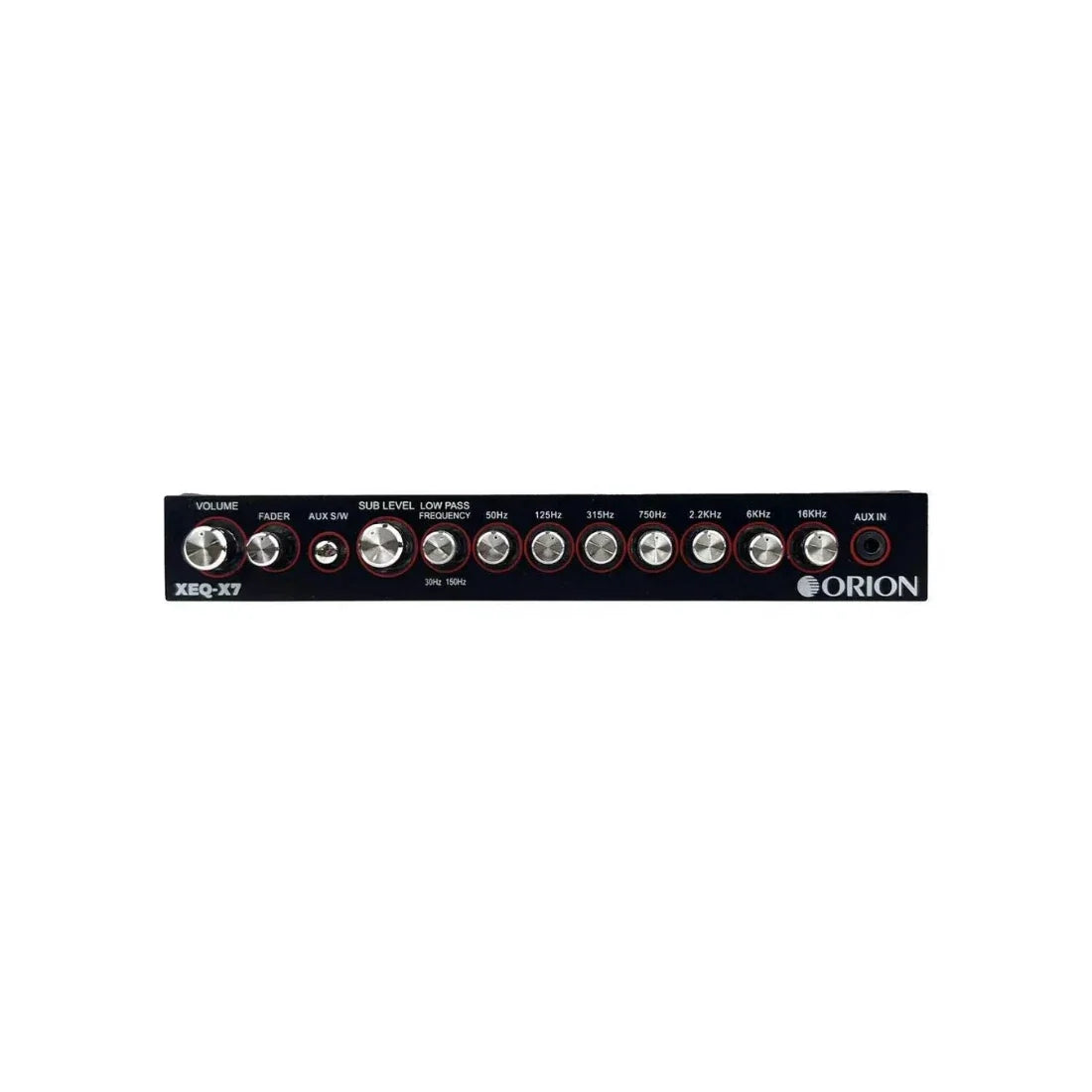 Car audio 7-band graphic equalizer row of rotary EQ knobs for adjusting bands
