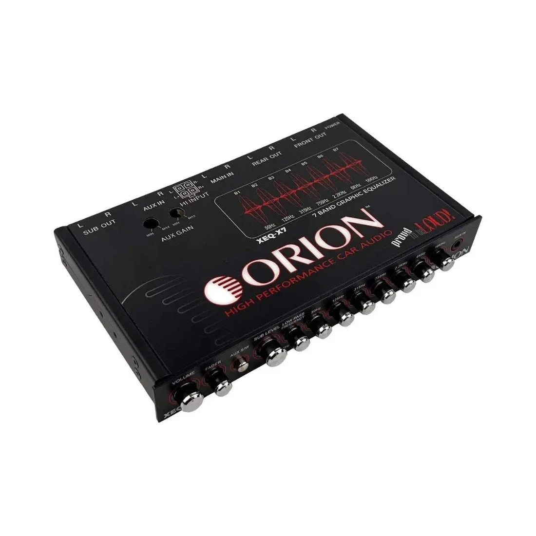 Car audio 7-band graphic equalizer with front knobs and level meter display, Orion