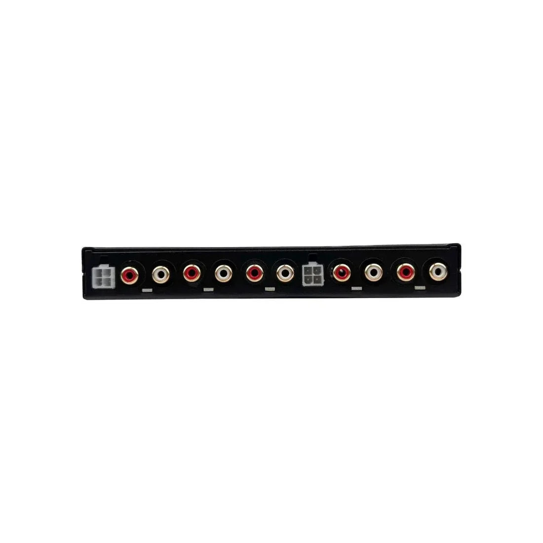 Car audio 7-band graphic equalizer input/output port row with RCA jacks and switches