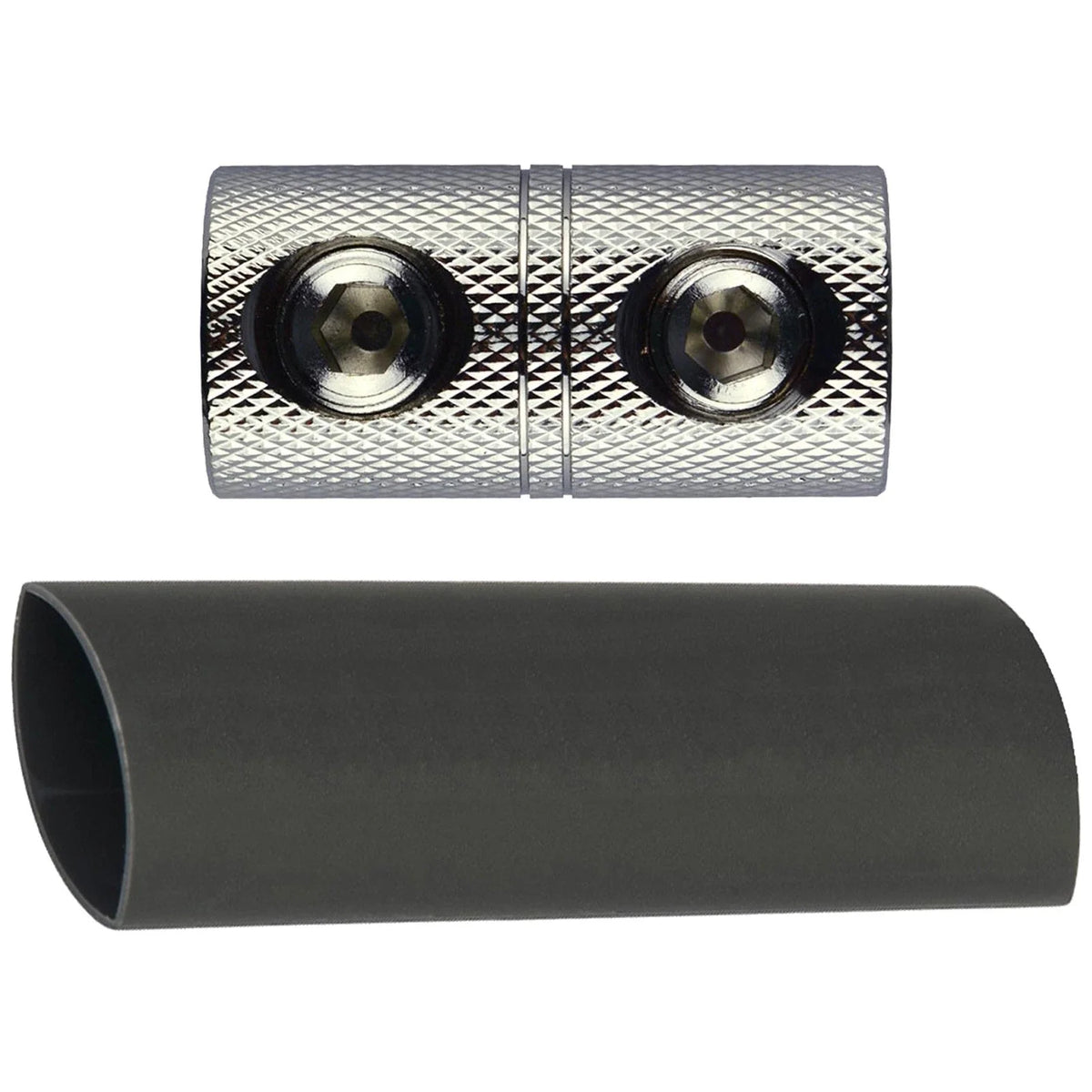 Audiopipe 0-gauge coupler with textured metal body and two threaded ports