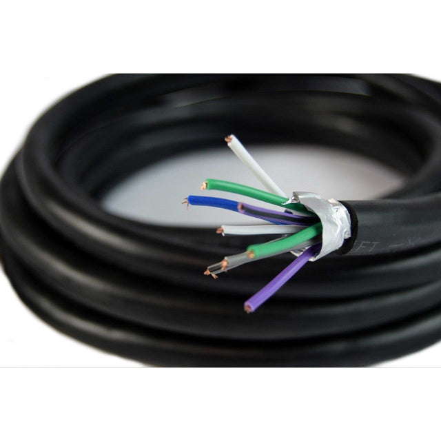 Black 9-wire speaker cable with color-coded inner conductors, stripped section