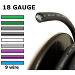 18-gauge 9-wire speaker cable chart with black jacket and color conductors