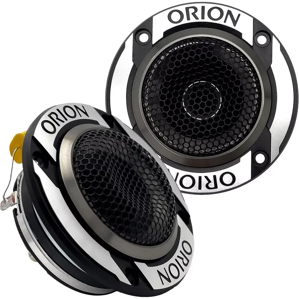 Pair of bullet tweeters angled view with black mesh grilles and silver mounting rings