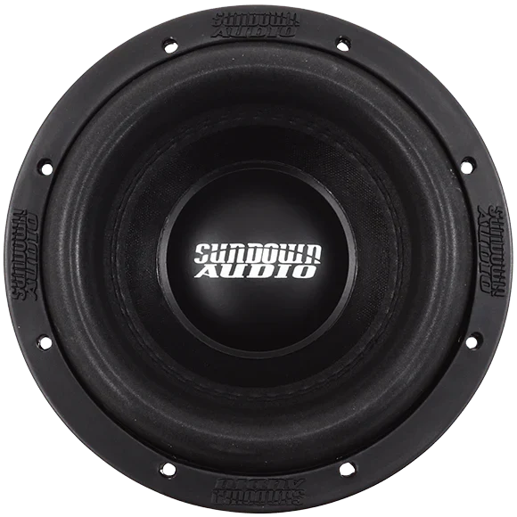 Sundown Audio 8-inch subwoofer with black cone and surround, front-facing close-up.