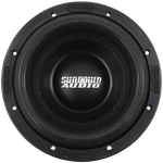 Sundown Audio 8-inch subwoofer with black cone and surround, front-facing close-up.