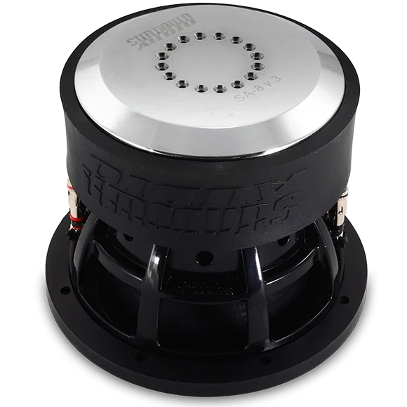 Sundown Audio 8-inch subwoofer top view with silver dust cap and black basket.