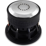 Sundown Audio 8-inch subwoofer top view with silver dust cap and black basket.