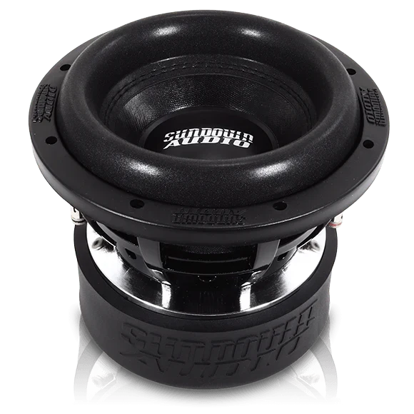Sundown Audio 8-inch subwoofer with textured black cone and metal frame, close-up.
