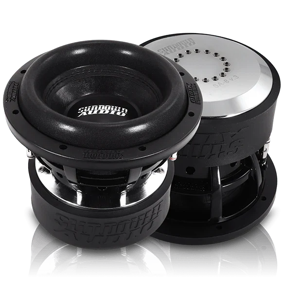 Sundown Audio 8-inch subwoofer with black cone and silver dust cap, front view.