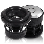 Sundown Audio 8-inch subwoofer with black cone and silver dust cap, front view.