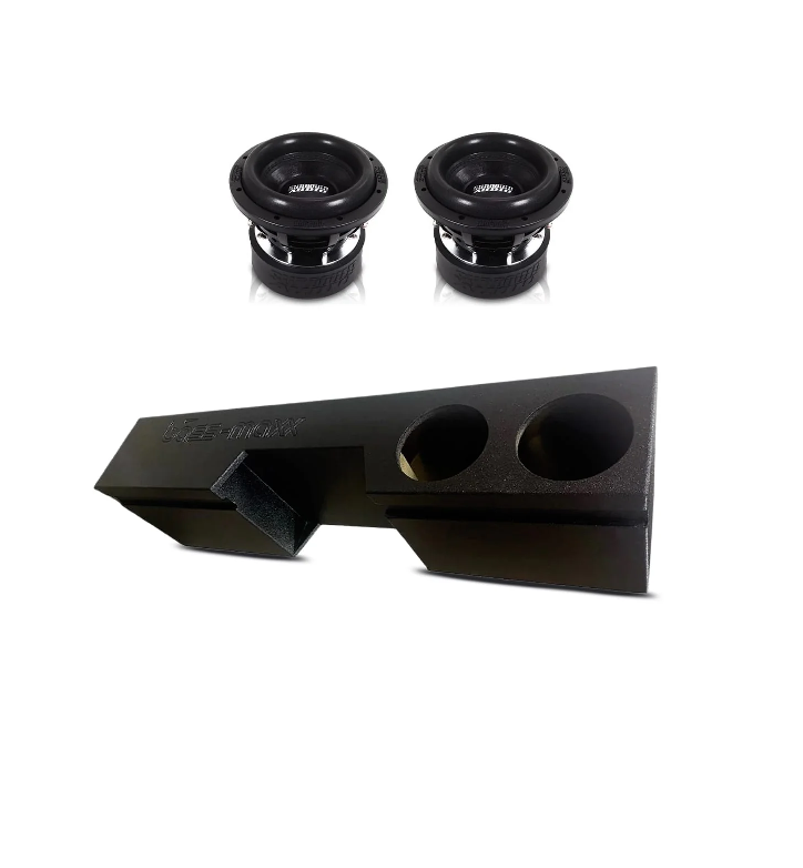 Dual 8-inch subwoofer box combo with two black speaker drivers in a black enclosure