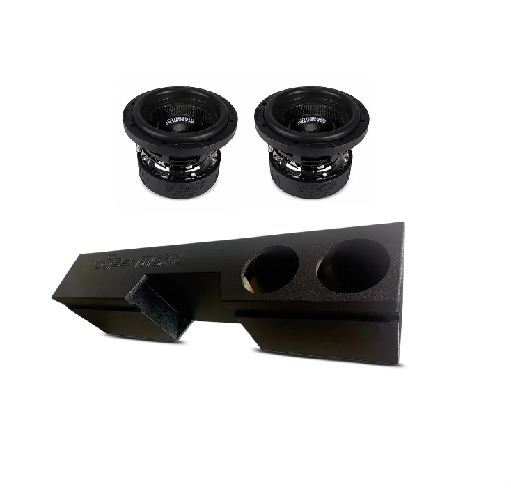 Black dual 8 in subwoofer box with two mounted drivers and two circular cutouts