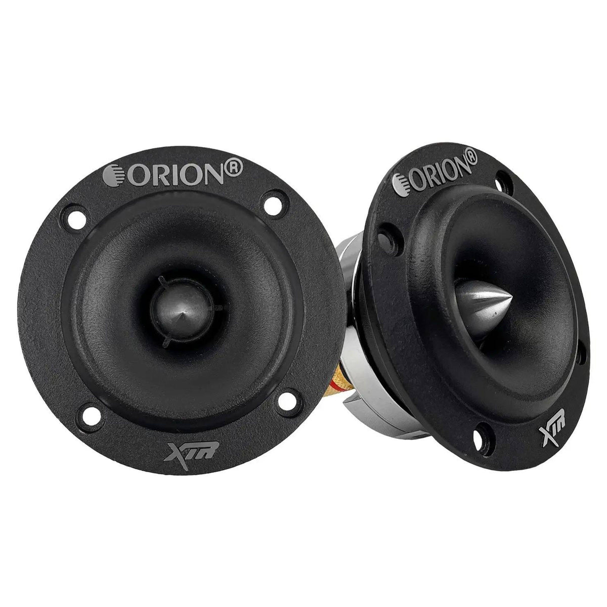 Pair of black car audio speaker drivers with mounting flanges and Orion branding