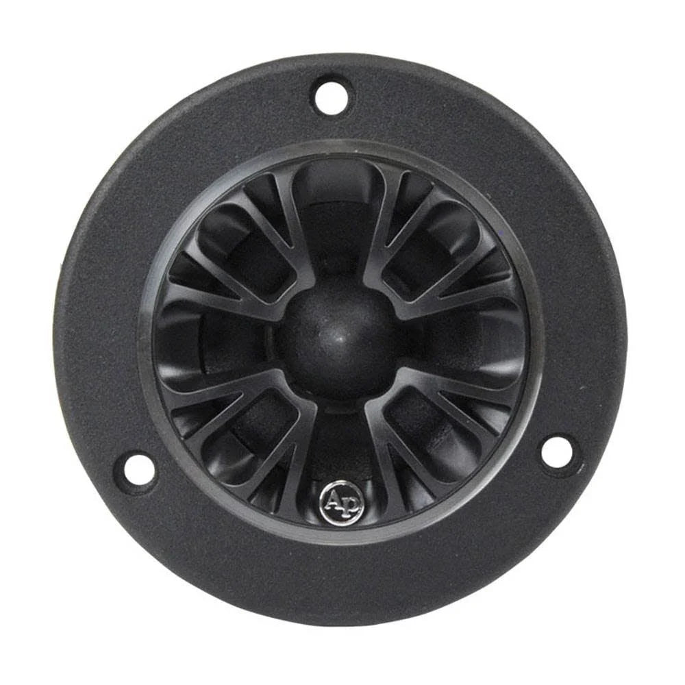 Black horn tweeter with circular grille pattern and three mounting holes